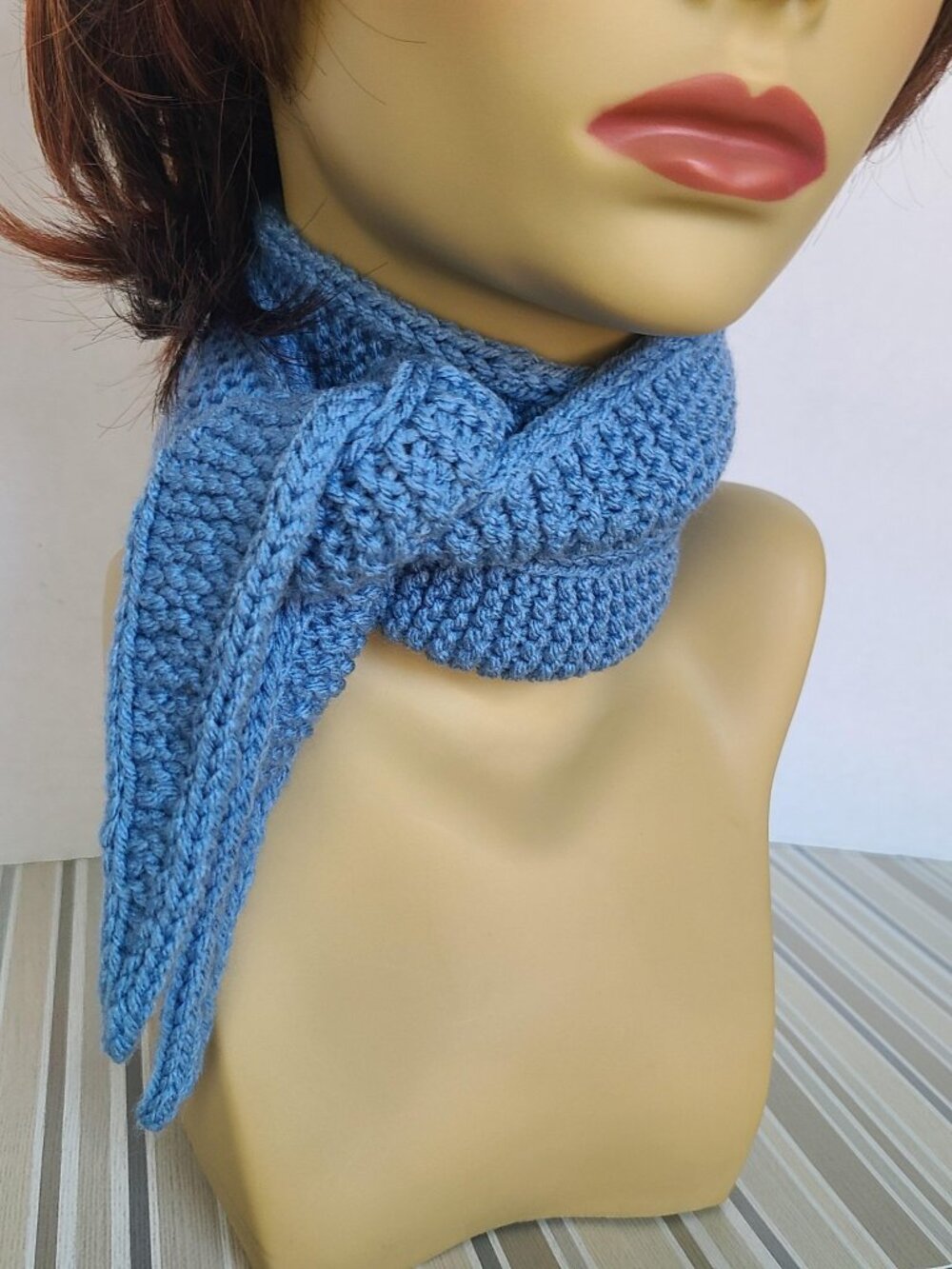 Sophie Scarf Classic Design Small Double Wrap Handmade Knitted Acrylic Blue